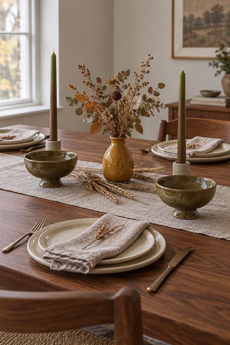 12 Warm Mid-Century Modern Thanksgiving Table Ideas 2 Eye-level view of a walnut table with cream plates, oatmeal napkins, a mustard bud vase with dried foliage, olive footed bowls, and two olive taper candles.