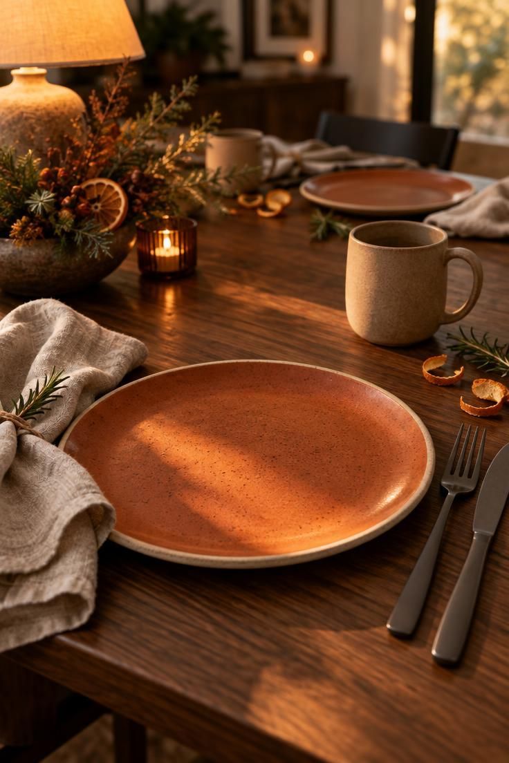 12 Warm Mid-Century Modern Thanksgiving Table Ideas 3 Close-up of a matte burnt orange stoneware plate with a natural linen napkin, simple flatware, and an unglazed ceramic mug on a walnut table.