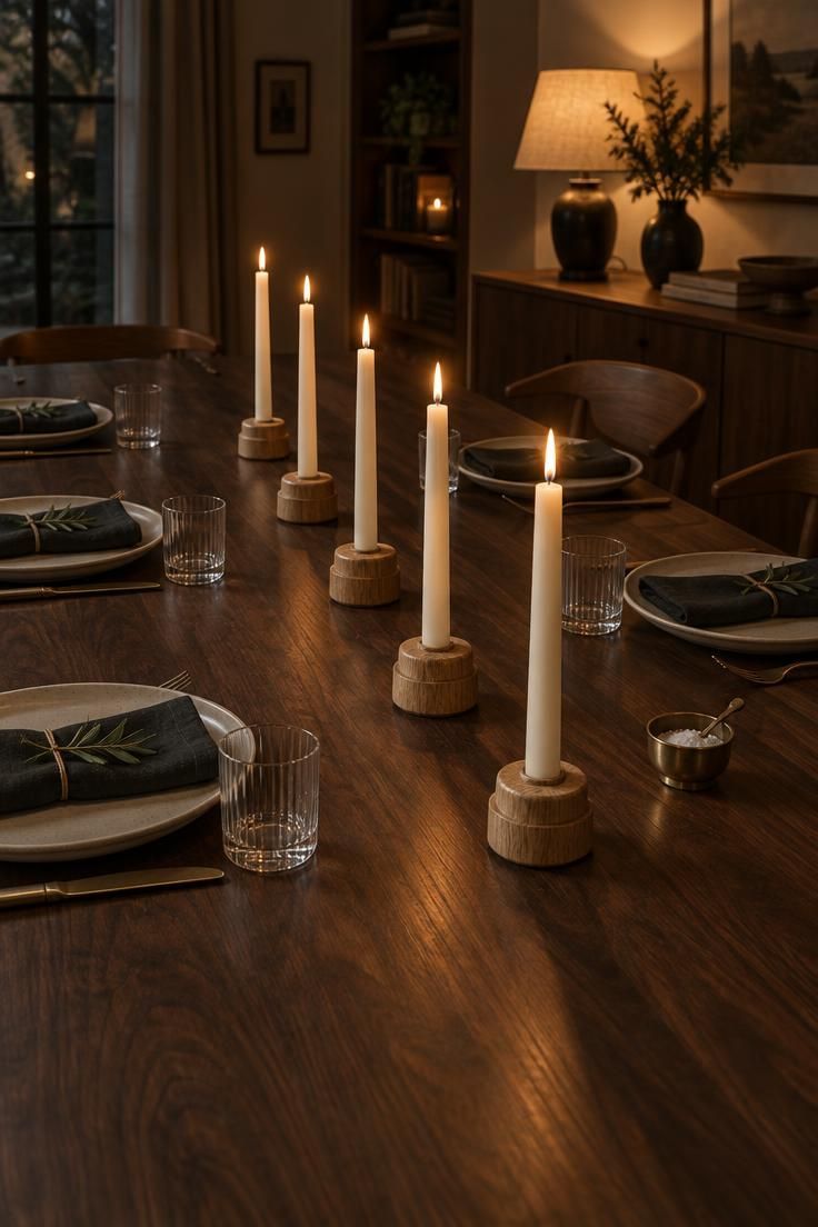 12 Warm Mid-Century Modern Thanksgiving Table Ideas 5 Slight-angle view down a walnut table with a straight row of five low oak candle holders and cream tapers, flanked by place settings.