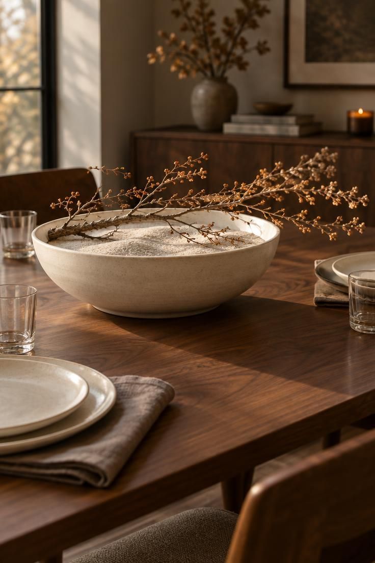 12 Warm Mid-Century Modern Thanksgiving Table Ideas 6 Close-up of a wide cream bowl with pale sand and one long dried branch extending past the rim, beside empty place settings on a walnut table.