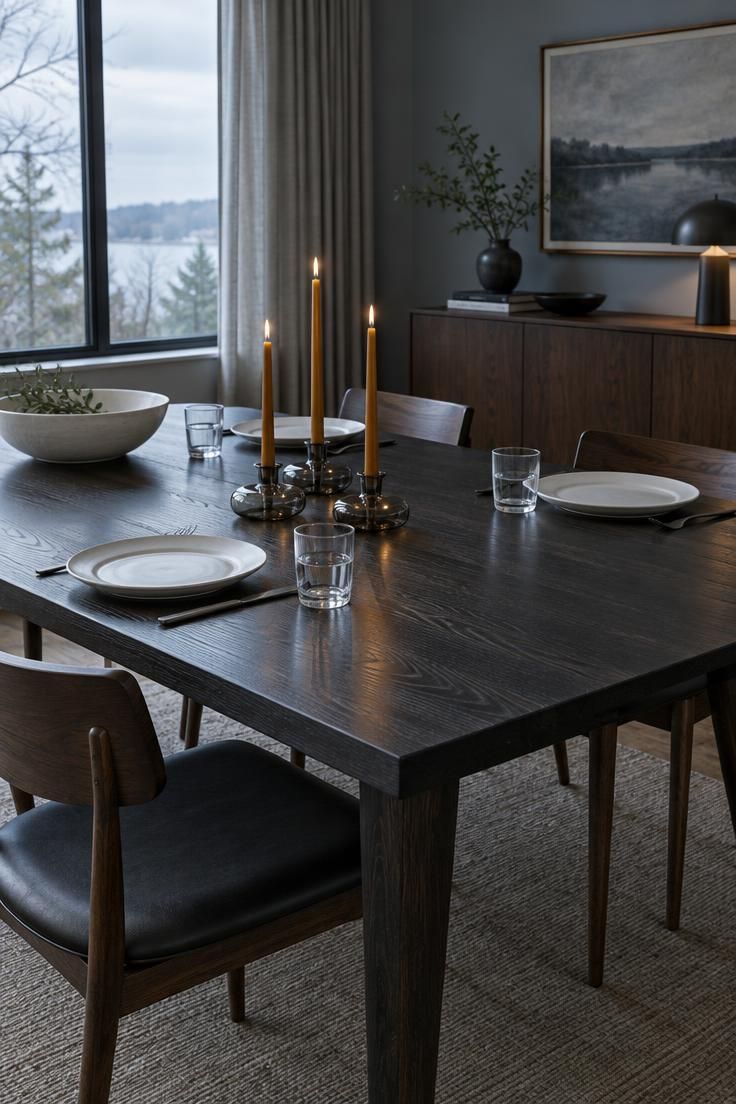 12 Warm Mid-Century Modern Thanksgiving Table Ideas 7 Wide view of a black-stained dining table with white plates, clear tumblers, and three smoked glass taper holders with amber tapers.