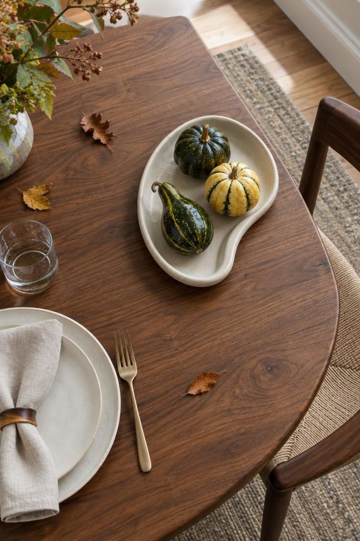 12 Warm Mid-Century Modern Thanksgiving Table Ideas 9 Overhead view of a kidney-shaped cream ceramic tray with olive and pale yellow gourds near the end of a walnut table, a place setting nearby.