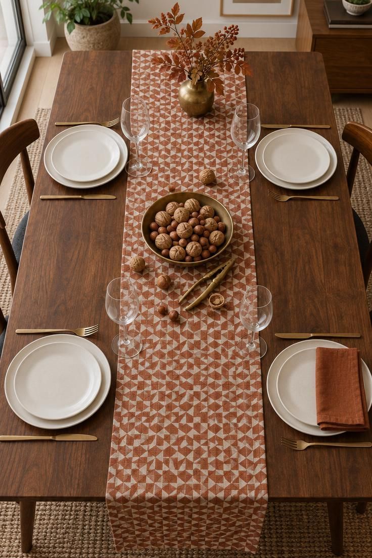 12 Warm Mid-Century Modern Thanksgiving Table Ideas 10 Overhead view of a walnut table with a geometric rust and cream linen runner, white plates, clear stemware, and a low brass bowl of nuts.