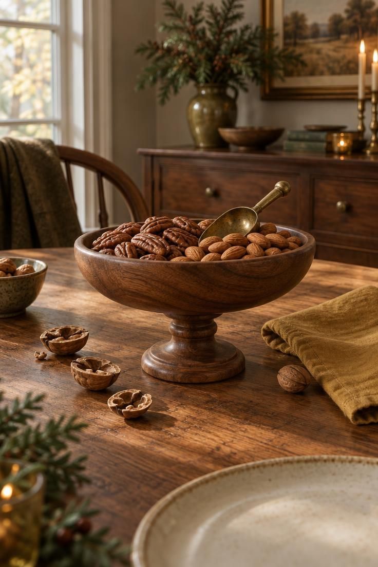 12 Warm Mid-Century Modern Thanksgiving Table Ideas 11 Turned walnut pedestal nut dish with pecans, almonds, vine-shaped brass scoop, and empty walnut shell halves on a dining table.