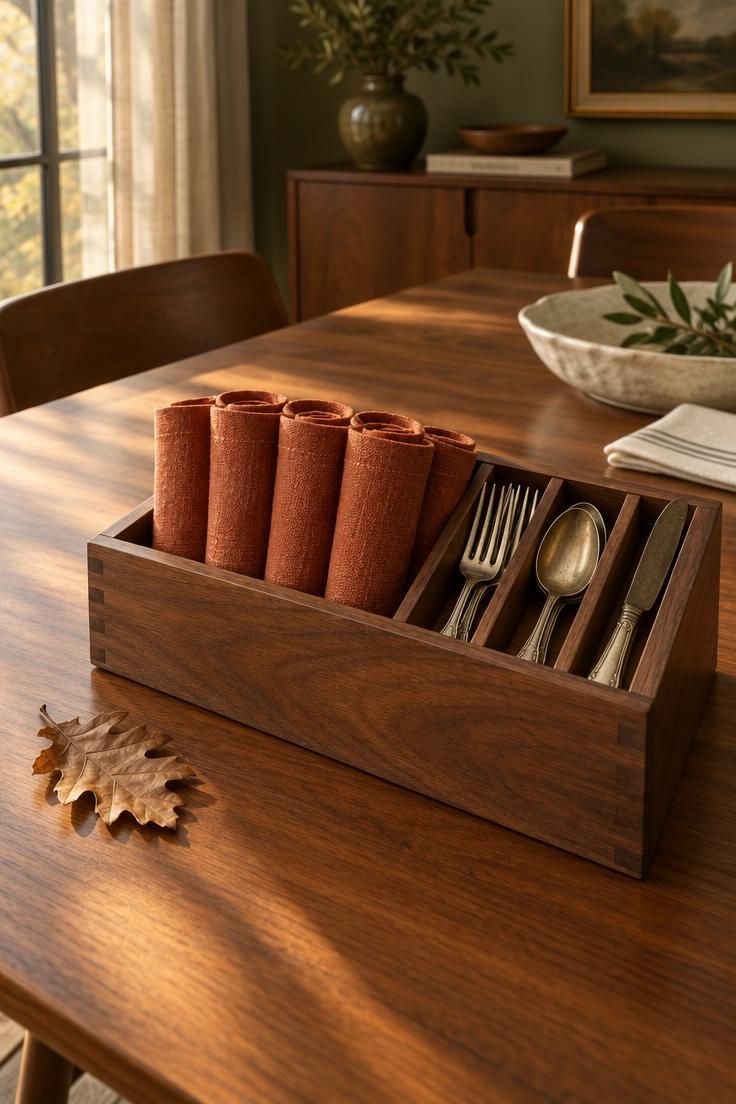 12 Warm Mid-Century Modern Thanksgiving Table Ideas 12 A low walnut box with divided compartments holding rolled rust napkins and spare flatware on a mid-century dining table.