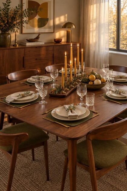 12 Warm Mid-Century Modern Thanksgiving Table Ideas Warm mid-century modern dining room with a walnut table set for Thanksgiving, a brass taper candle tray, cream plates, mustard and olive accents, and tapered-leg chairs in golden afternoon light.