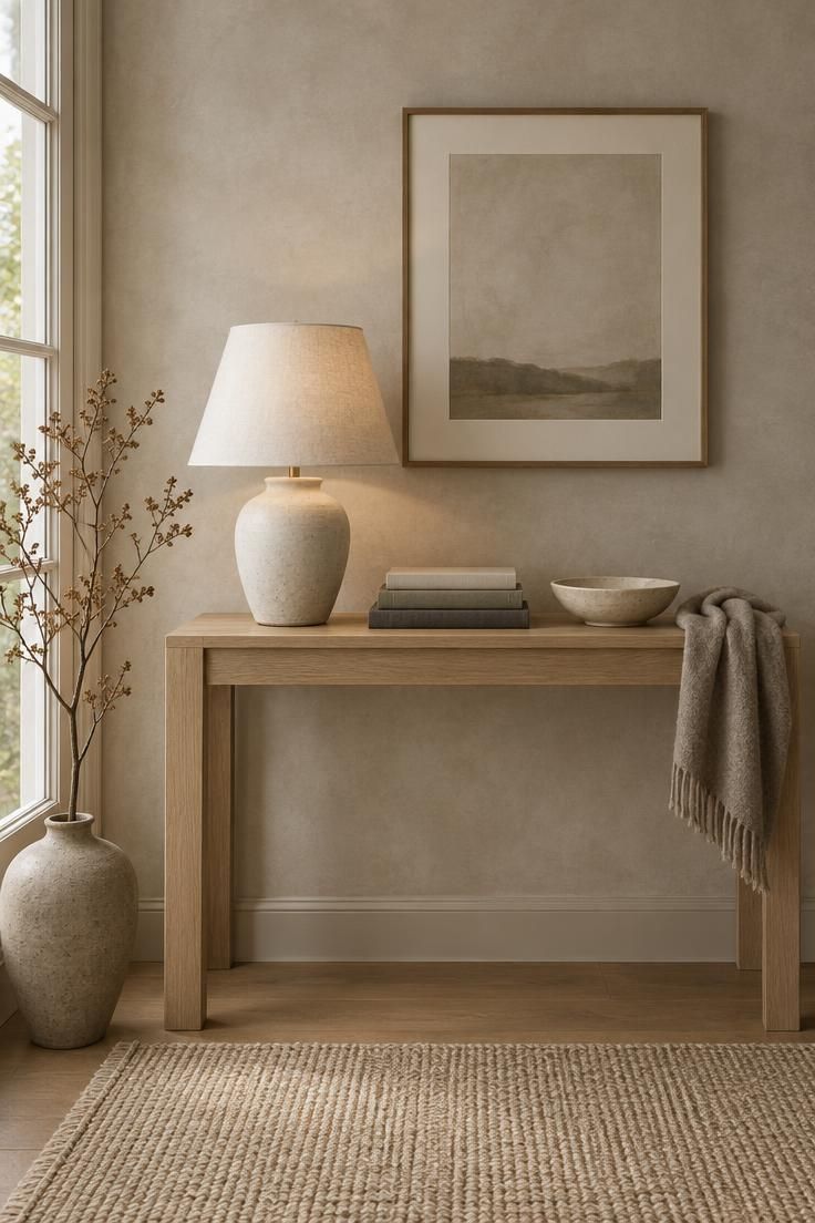 Pale oak console table in a home entryway after applying a seven-step minimalism checklist, holding only a ceramic lamp, three stacked books, and a shallow ceramic bowl, with a warm greige limewashed wall, natural fiber runner, and dried branch in a stoneware vessel.