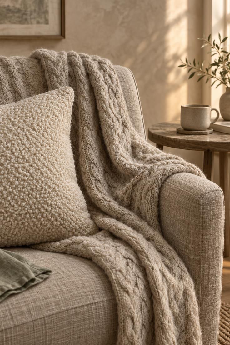 Close-up of a cable knit wool throw and cream bouclé cushion on a linen armchair in oatmeal tones, with warm golden light revealing fiber texture against a warm plaster wall.