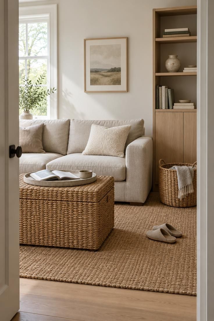 Compact home living room seen from a doorway with a low oatmeal linen sofa, woven storage ottoman used as a coffee table, slim shelving unit with closed oak lower cabinets, and a basket holding a folded throw.