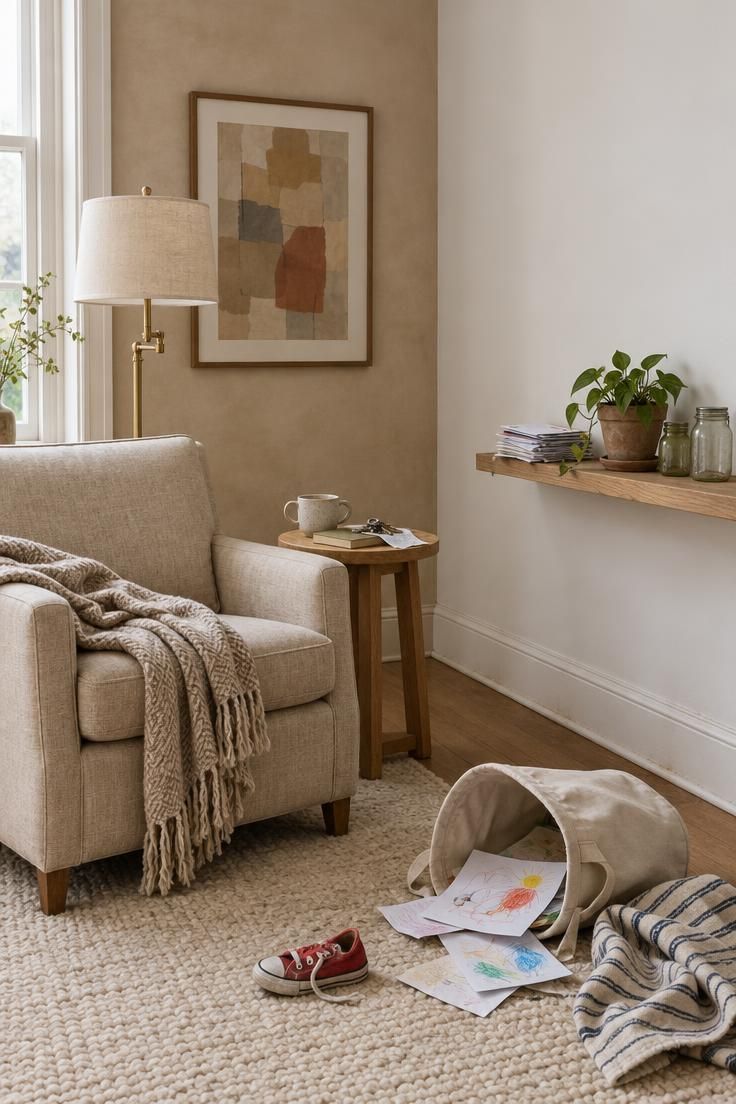 Home living room corner showing where minimalism misses the mark, with an oatmeal linen armchair, brass floor lamp, sparse styling on one wall, and a flat white wall with a low shelf piled with mail, a plant, and jars, while a soft canvas bin spills children's drawing paper, a sneaker, and a striped blanket under soft window light.