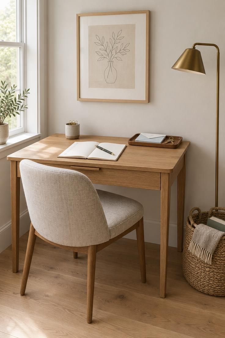 Residential home office corner with an oak writing desk, a paper checklist notebook and pen, a tray holding folded bills and keys, a linen chair, brass floor lamp, framed line drawing, woven basket, and light oak floor in soft diffused daylight.