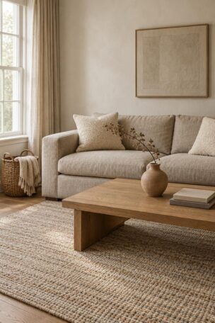 Minimally styled home living room from a corner angle with a beige linen sofa and cream bouclé cushions, low oak coffee table holding a single ceramic vase with a dried branch, textured wool rug, and woven basket with a knit throw in soft window light.