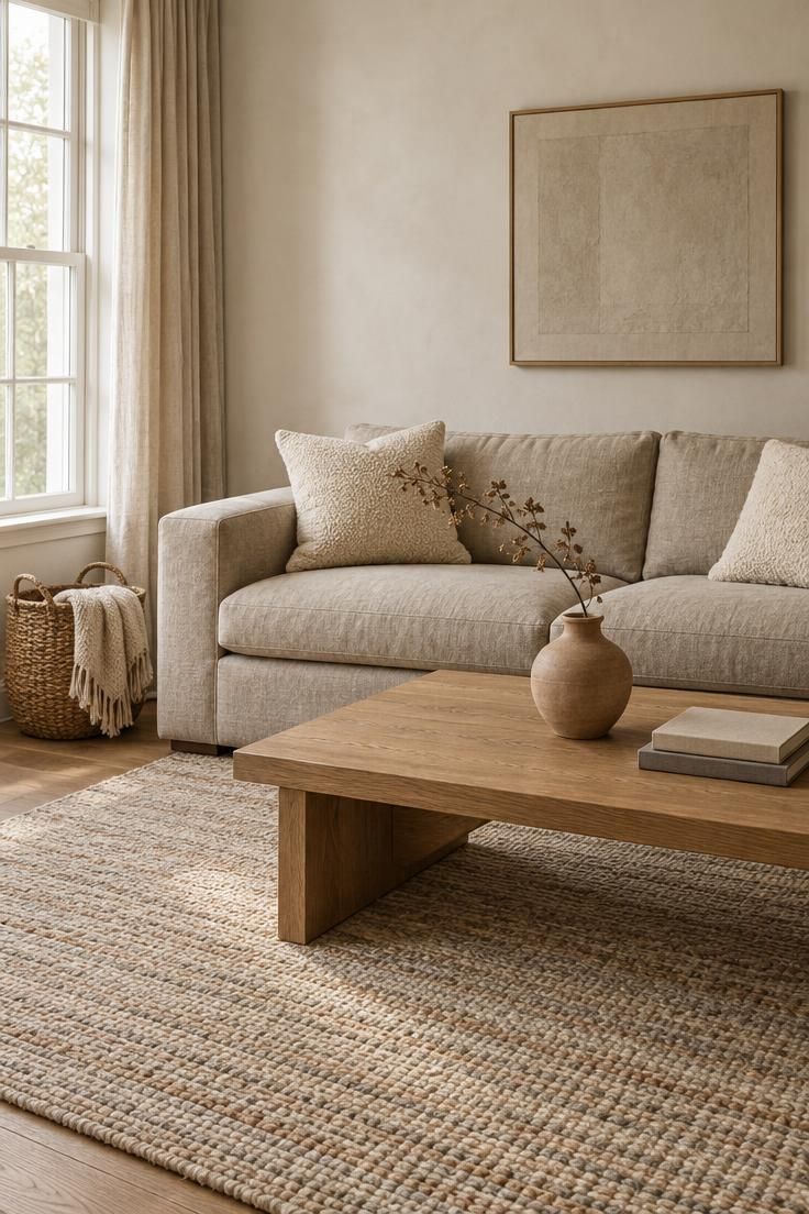 Simple Spaces 26 Minimally styled home living room from a corner angle with a beige linen sofa and cream bouclé cushions, low oak coffee table holding a single ceramic vase with a dried branch, textured wool rug, and woven basket with a knit throw in soft window light.