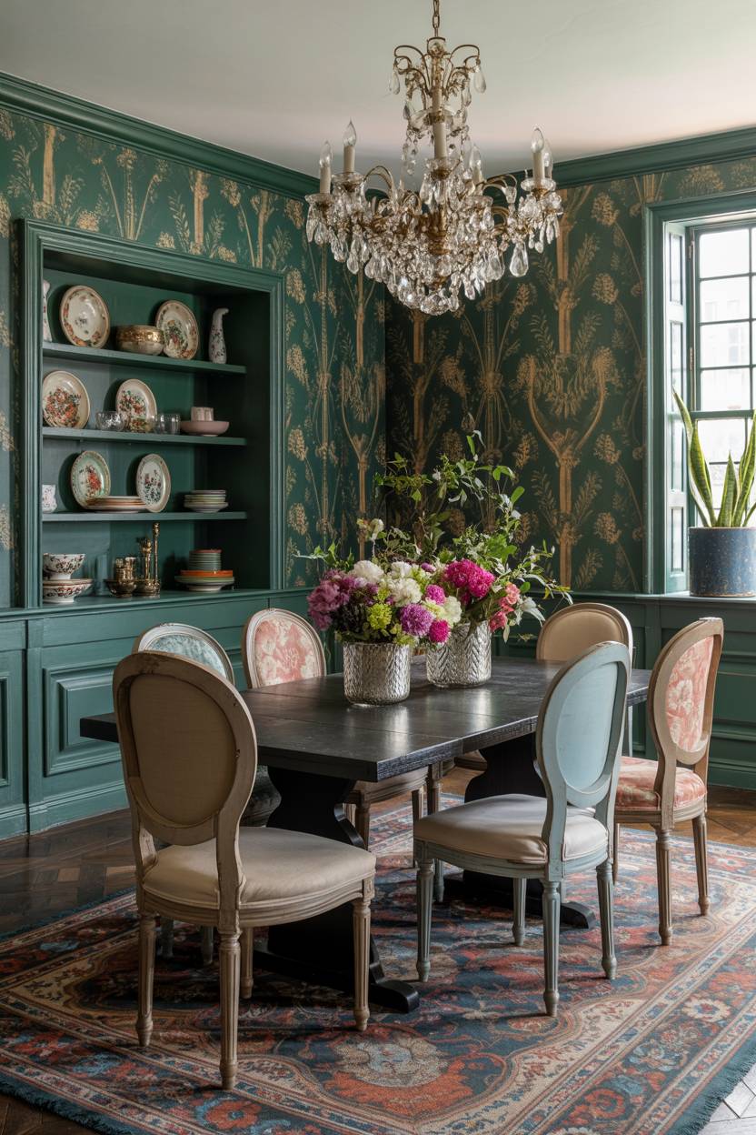 Minimalism Vs Maximalism: Finding Your Interior Design Balance 6 Eclectic maximalist dining room featuring patterned wallpaper and vintage furniture pieces