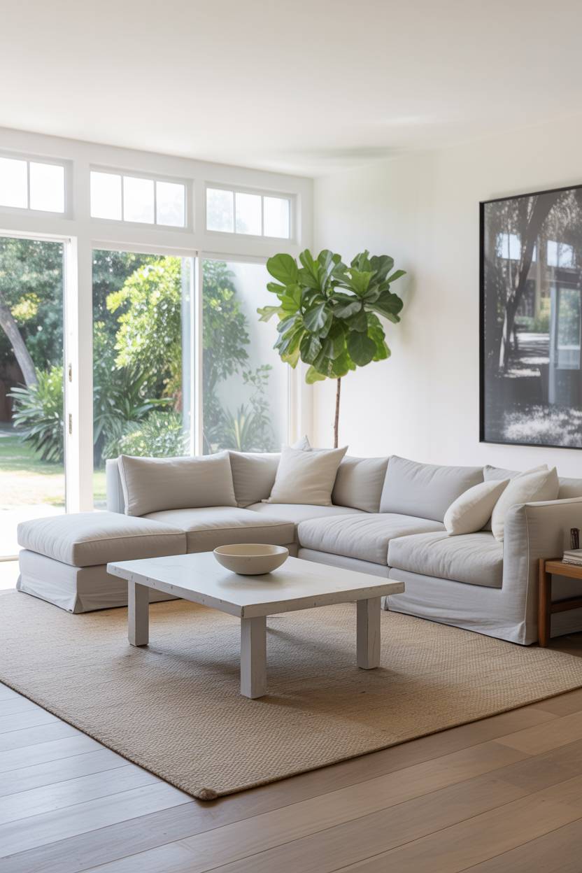 Minimalism Vs Maximalism: Finding Your Interior Design Balance 14 A spacious living room featuring a large white couch and an oversized painting on the wall.