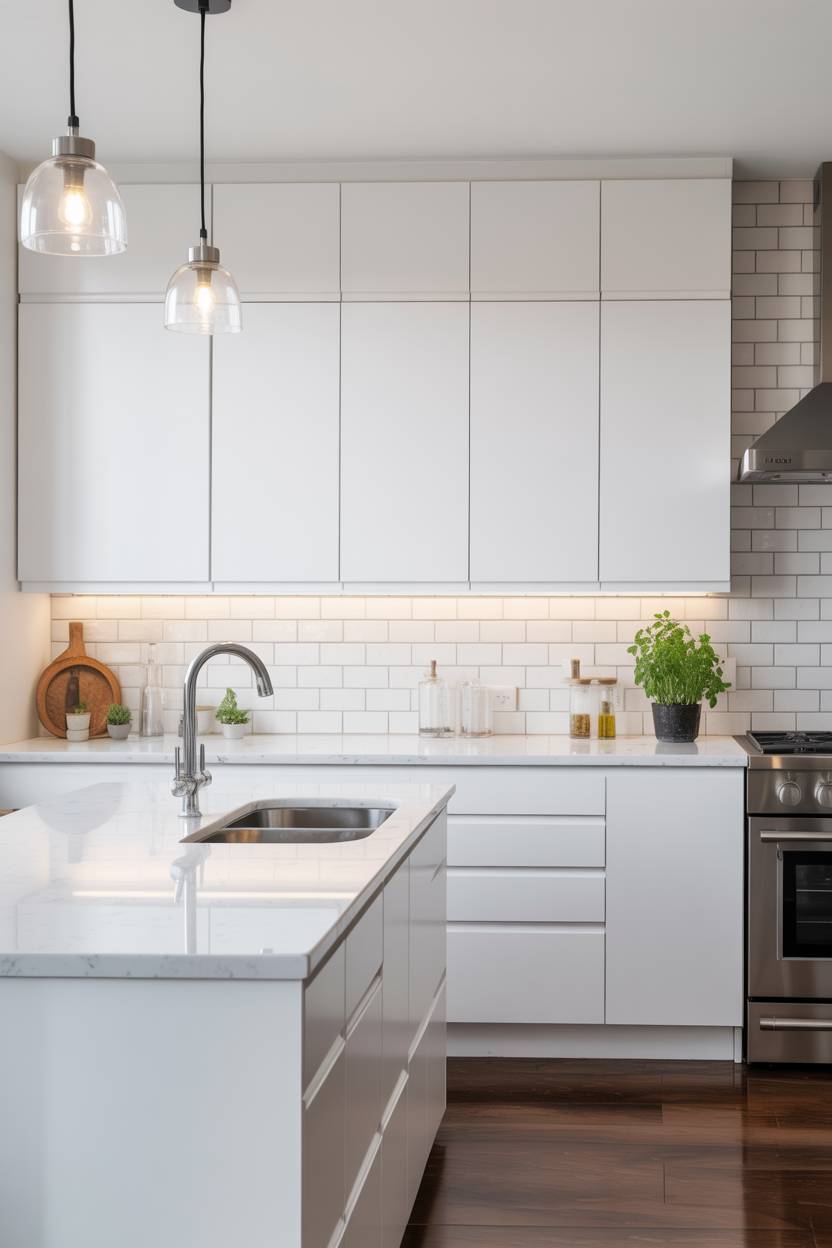Minimalism Vs Maximalism: Finding Your Interior Design Balance 15 A bright white kitchen featuring wooden floors and sleek white cabinets, creating a clean and modern aesthetic.