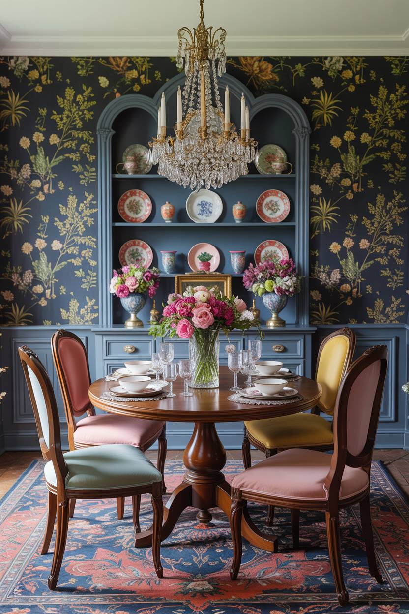Minimalism Vs Maximalism: Finding Your Interior Design Balance 17 A dining room featuring blue walls complemented by floral wallpaper, creating a vibrant and inviting atmosphere.