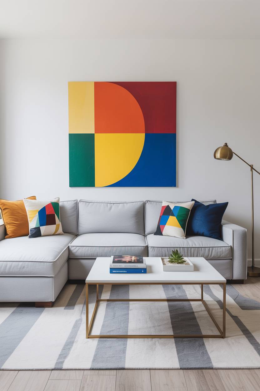Minimalism Vs Maximalism: Finding Your Interior Design Balance 18 A modern living room featuring a vibrant painting on the wall, showcasing a blend of colors and contemporary design.