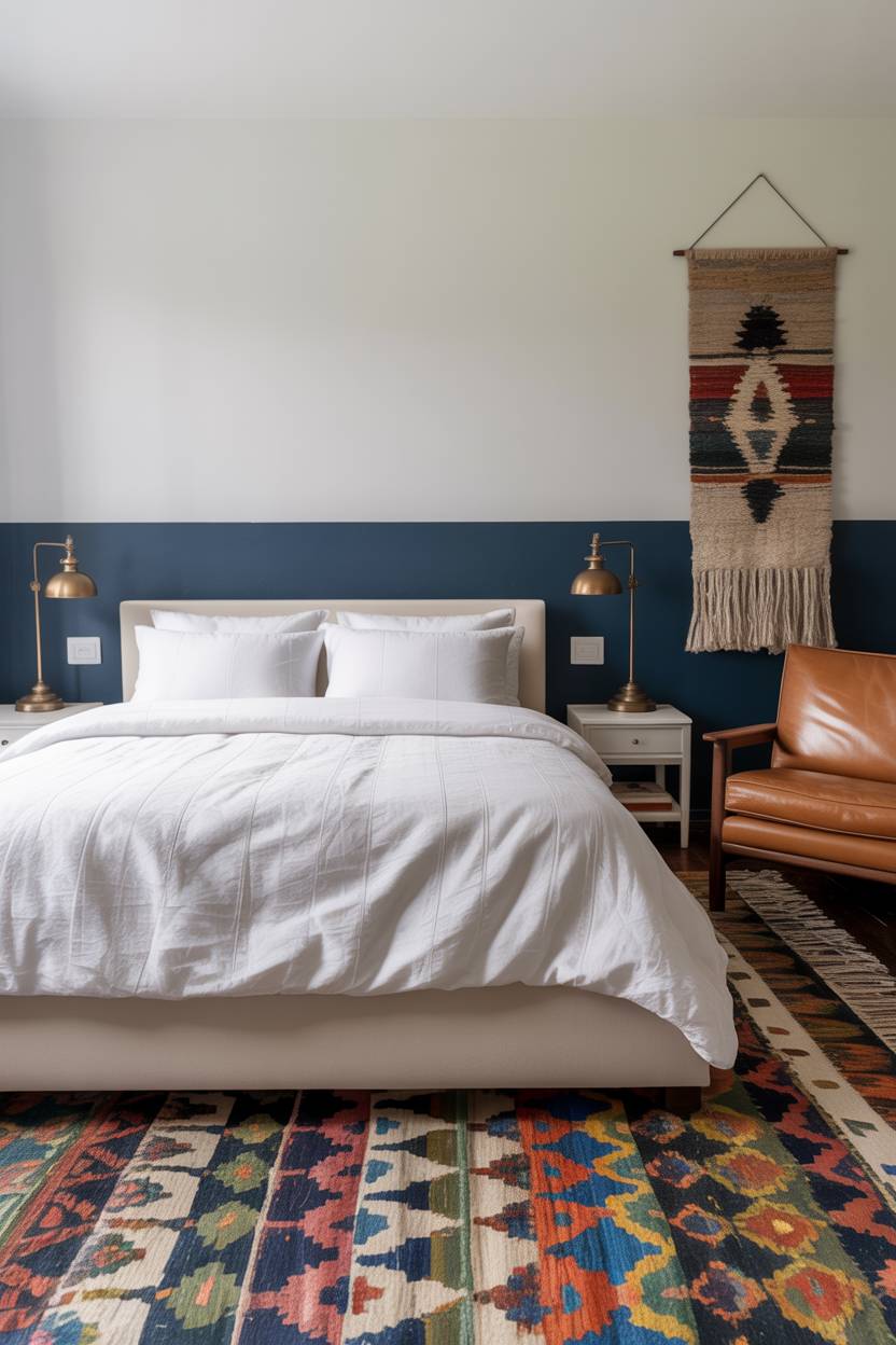 Minimalism Vs Maximalism: Finding Your Interior Design Balance 19 A cozy bedroom featuring blue walls and a vibrant, colorful rug on the floor.