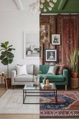 Side-by-side comparison of minimalist and maximalist living room designs showcasing contrasting design philosophies