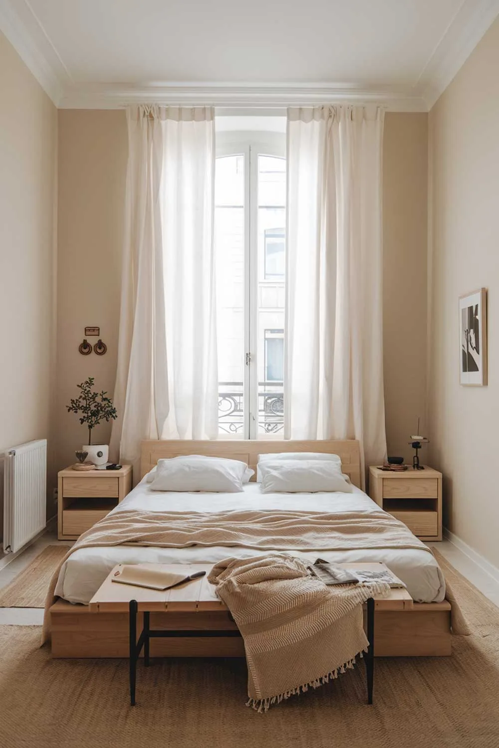 A cozy minimalist apartment bedroom with a double bed, a nightstand on each side, and a large window with white curtains. There's a small plant on one of the nightstands. The walls are painted a soft beige color. The floor is covered with a beige rug.