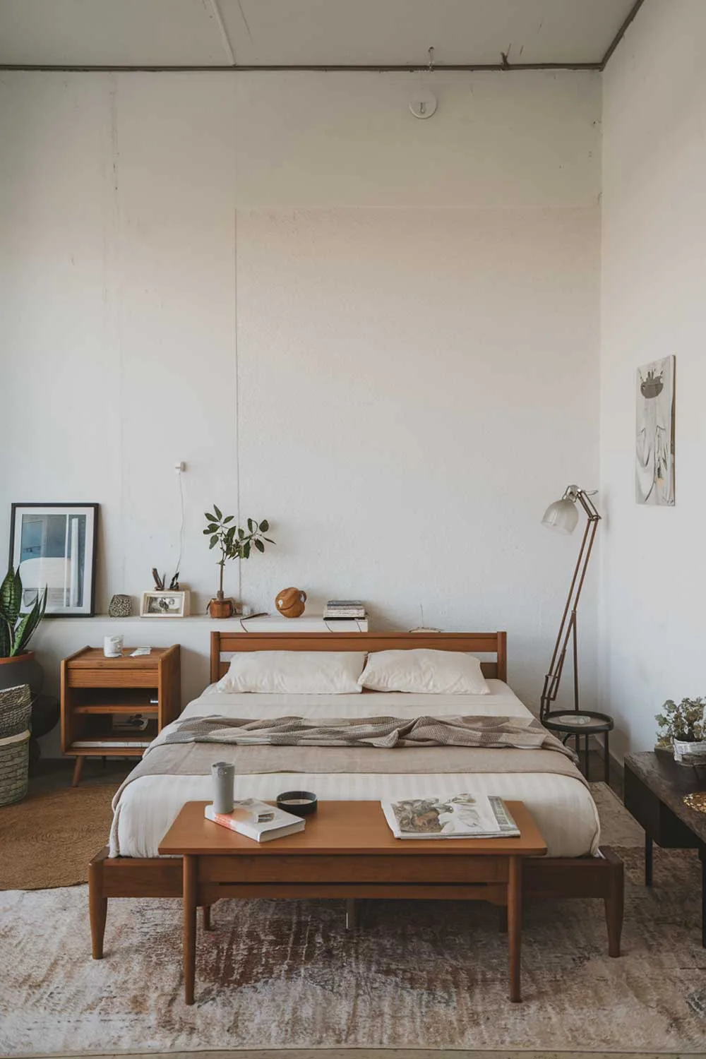 A cozy minimalist apartment bedroom with a queen-size bed, a wooden nightstand on one side, and a floor lamp. There's a white wall with a small plant and a few books beside the bed. The room has a light brown rug and a few decorative items. The walls and the furniture have a few marks and scratches