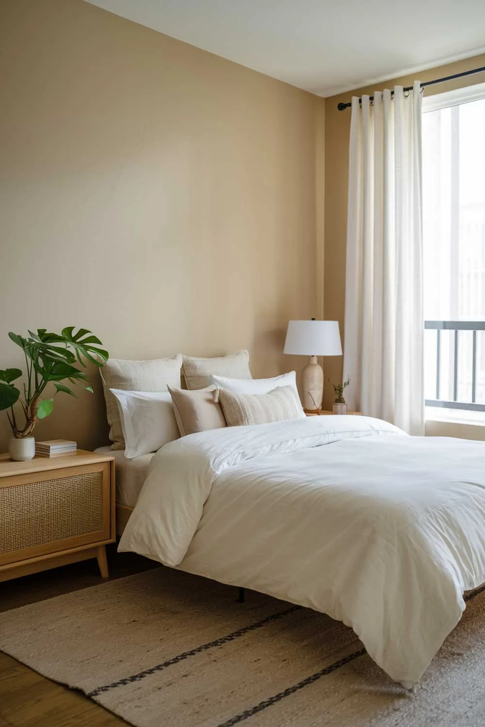  A cozy minimalist apartment bedroom. The room has a queen-sized bed with a white duvet and beige pillows. There's a wooden nightstand next to the bed with a green plant. The room has a beige rug. The walls are painted in a soft beige colour. There's a white lampshade over a lamp on the nightstand. The room has a large window with white curtains.