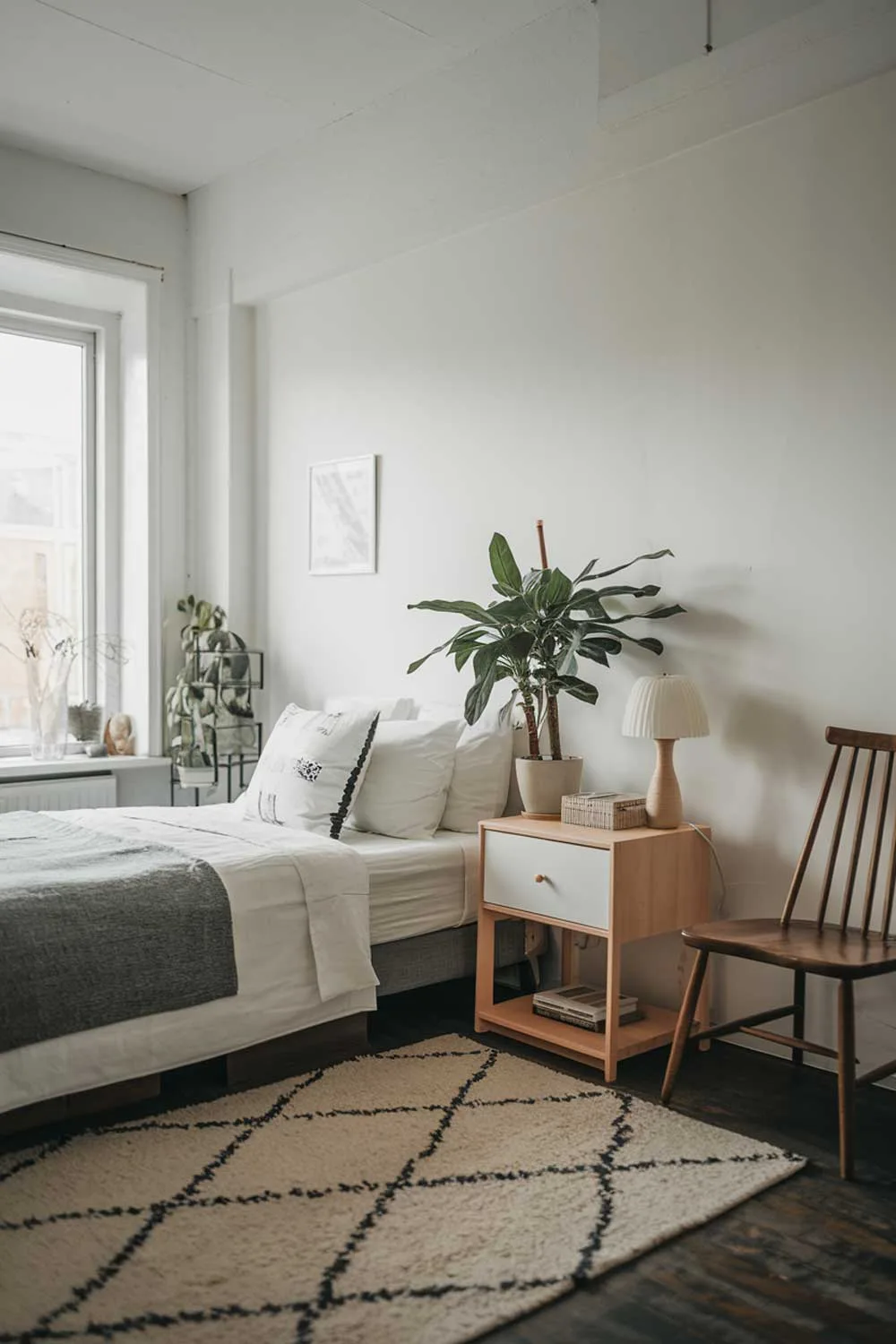 A cozy minimalist apartment bedroom with a bed, a nightstand, and a plant. The room has white walls, a white ceiling, and a white rug. The bed is positioned near the window. There's a wooden chair near the bed. The nightstand has a lamp and a book. The plant is placed on the nightstand.