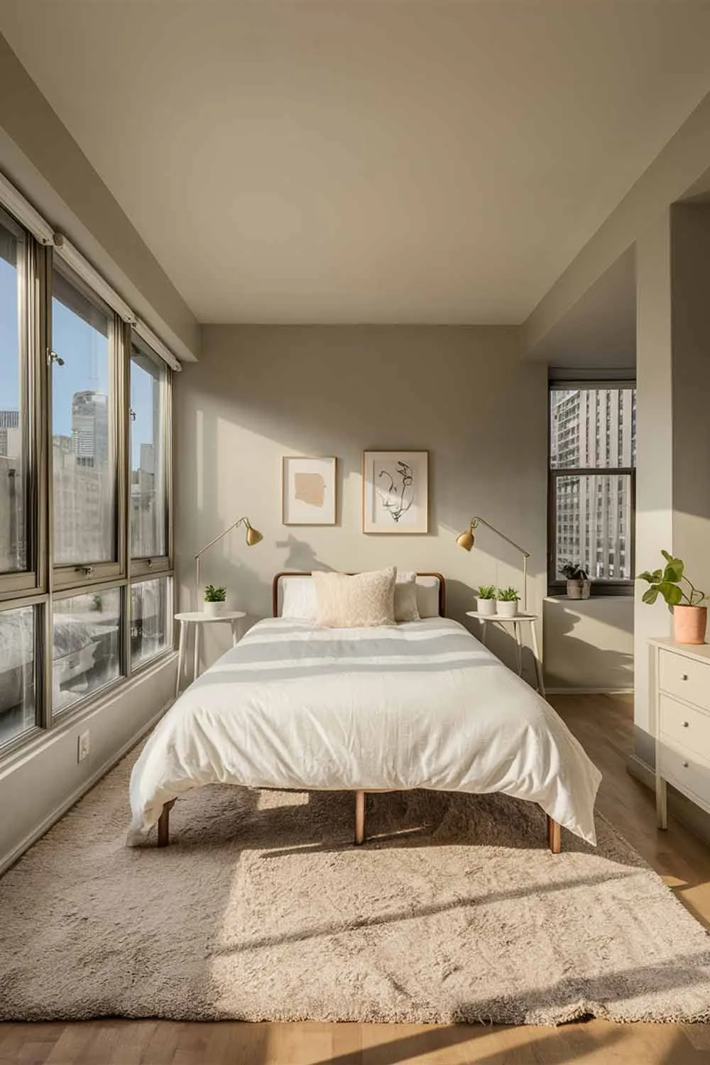 A beautifully designed minimalist bedroom in a cozy apartment, featuring a clean and uncluttered space. The room has a queen-sized bed with a white duvet and pillow, surrounded by a soft gray wall and minimalist artwork. Two bedside tables, each having a simple lamp and a small plant, provide a warm and welcoming touch. The floor is adorned with a large, plush rug, creating a sense of comfort. The room is bathed in natural light from floor-to-ceiling windows, with a view of a bustling cityscape.