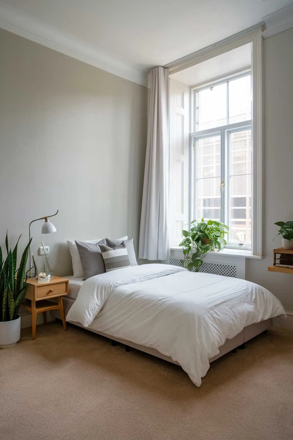 A cozy and beautifully designed minimalist apartment bedroom. The room has a small double bed with a white duvet and grey pillows. There's a wooden nightstand beside the bed with a lamp and a green plant. The walls are painted in a light grey color. There's a large window near the bed with a white curtain and a green plant pot. The floor is covered in beige carpeting.