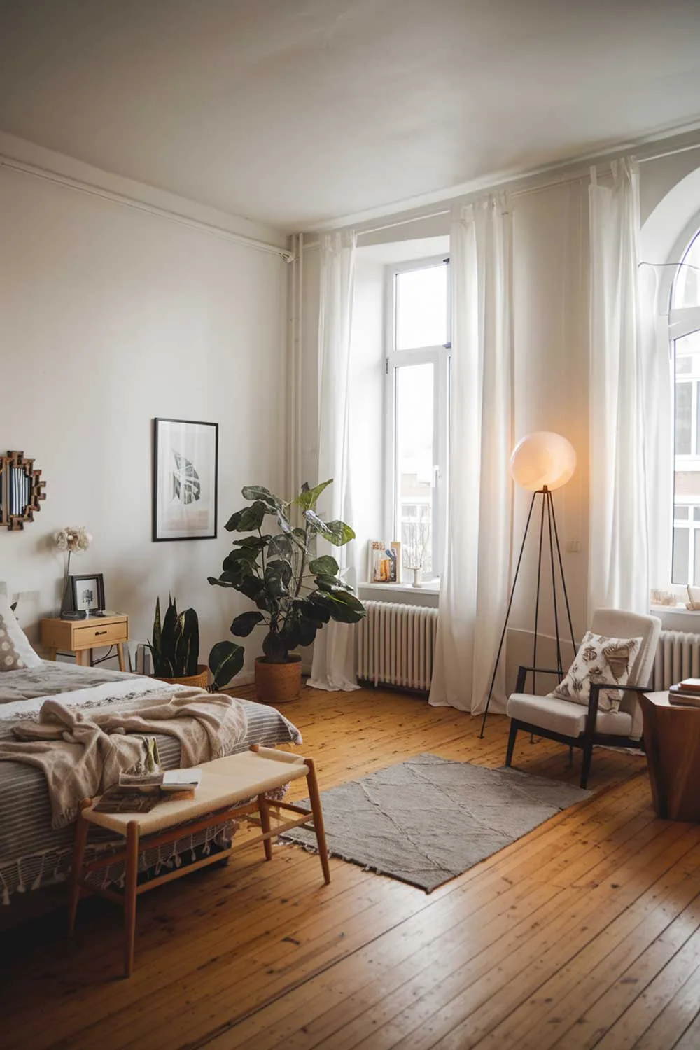 A cozy and beautifully designed minimalist apartment bedroom. The room has a wooden floor and is furnished with a bed, a nightstand, a chair, and a few decorative items. The walls are painted white, and there is a large window with white curtains. The room is illuminated by a floor lamp near the bed. The overall design is clean and simple, with a few personal touches, such as a plant and a lamp.