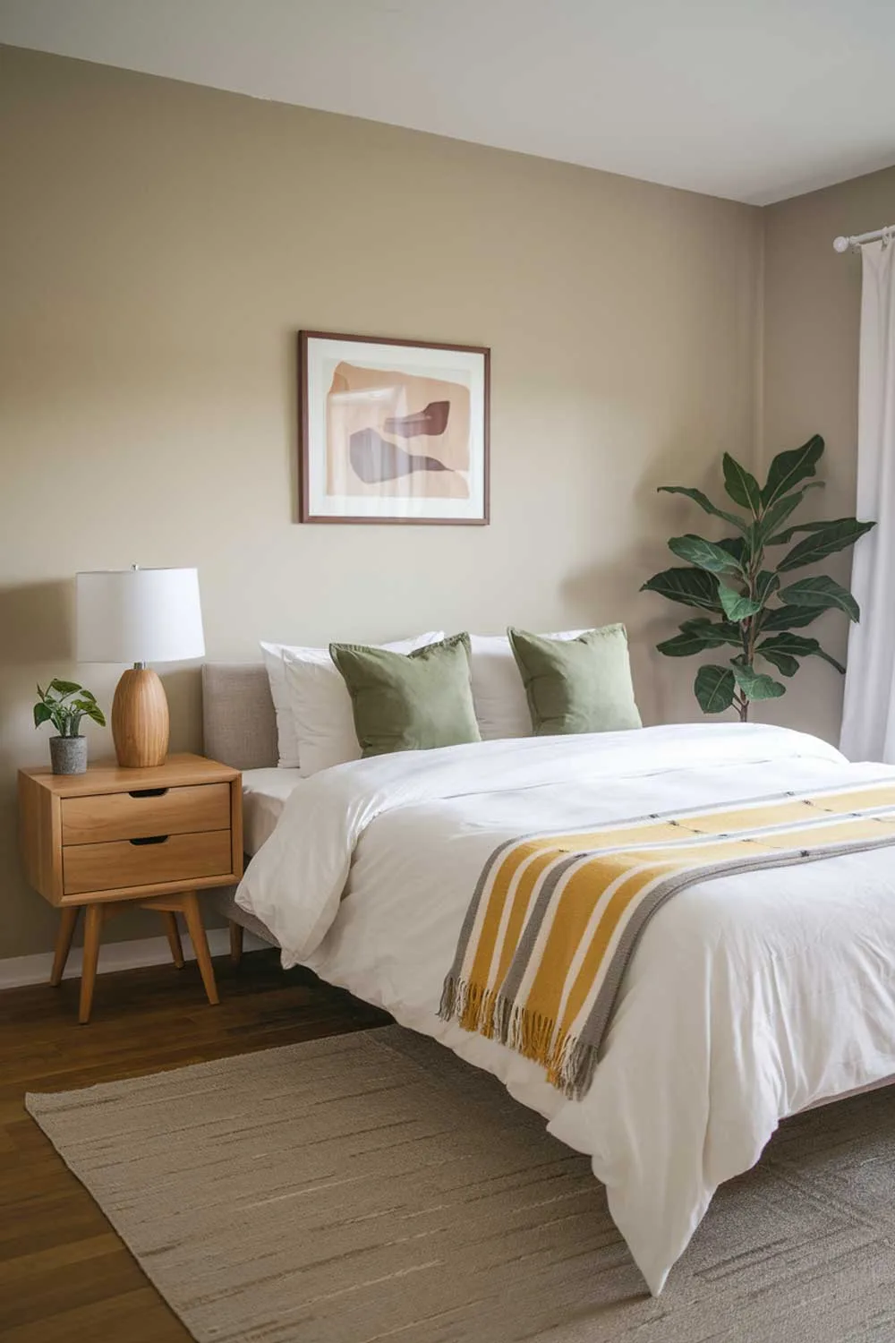 A cozy and beautifully designed minimalist apartment bedroom. The room has a. The room has a queen-size bed with a white duvet and two green pillows. A striped yellow and gray throw blanket is draped over the end of the bed. A wooden nightstand with a white lamp and a green plant is placed near the bed. A beige area rug is placed on the wooden floor. The walls are painted beige.