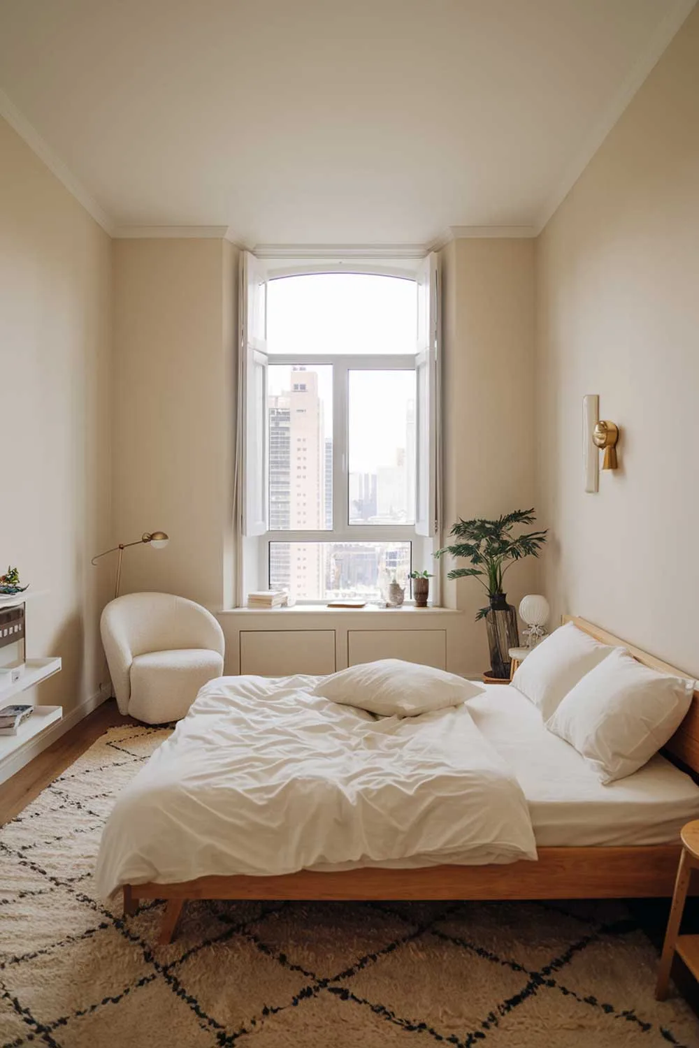 A minimalist apartment bedroom with a cozy and beautifully designed aesthetic. The room has a wooden bed frame with a white duvet cover and two white pillows. There's a white chair in the corner near the window. The walls are painted a soft beige color. The floor is covered with a beige rug. There's a small white shelf near the window. The room has a few personal items, such as a potted plant and a lamp. The background is a cityscape with tall buildings.