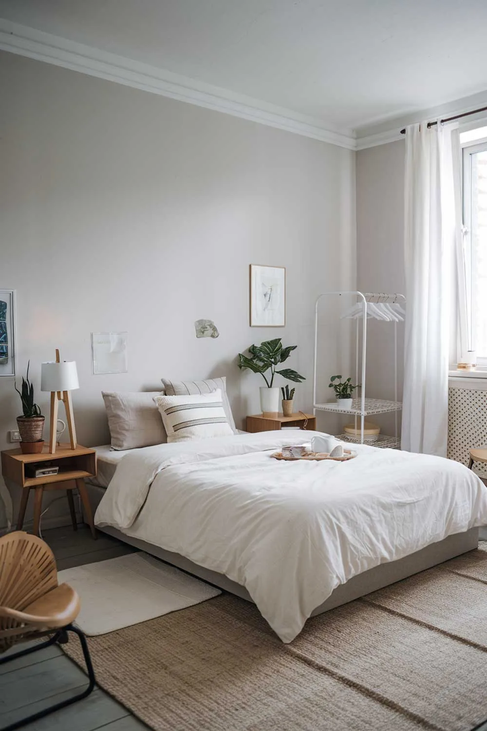 A cozy and beautifully designed minimalist apartment bedroom. The room has a double bed with a white duvet and a few pillows. There's a wooden bedside table on each side of the bed, holding a lamp and a plant. The walls are painted light gray, and there's a white clothes rack near the window. The floor is covered with a beige rug. The room has a small wooden chair in the corner. There's a white curtain on the window.