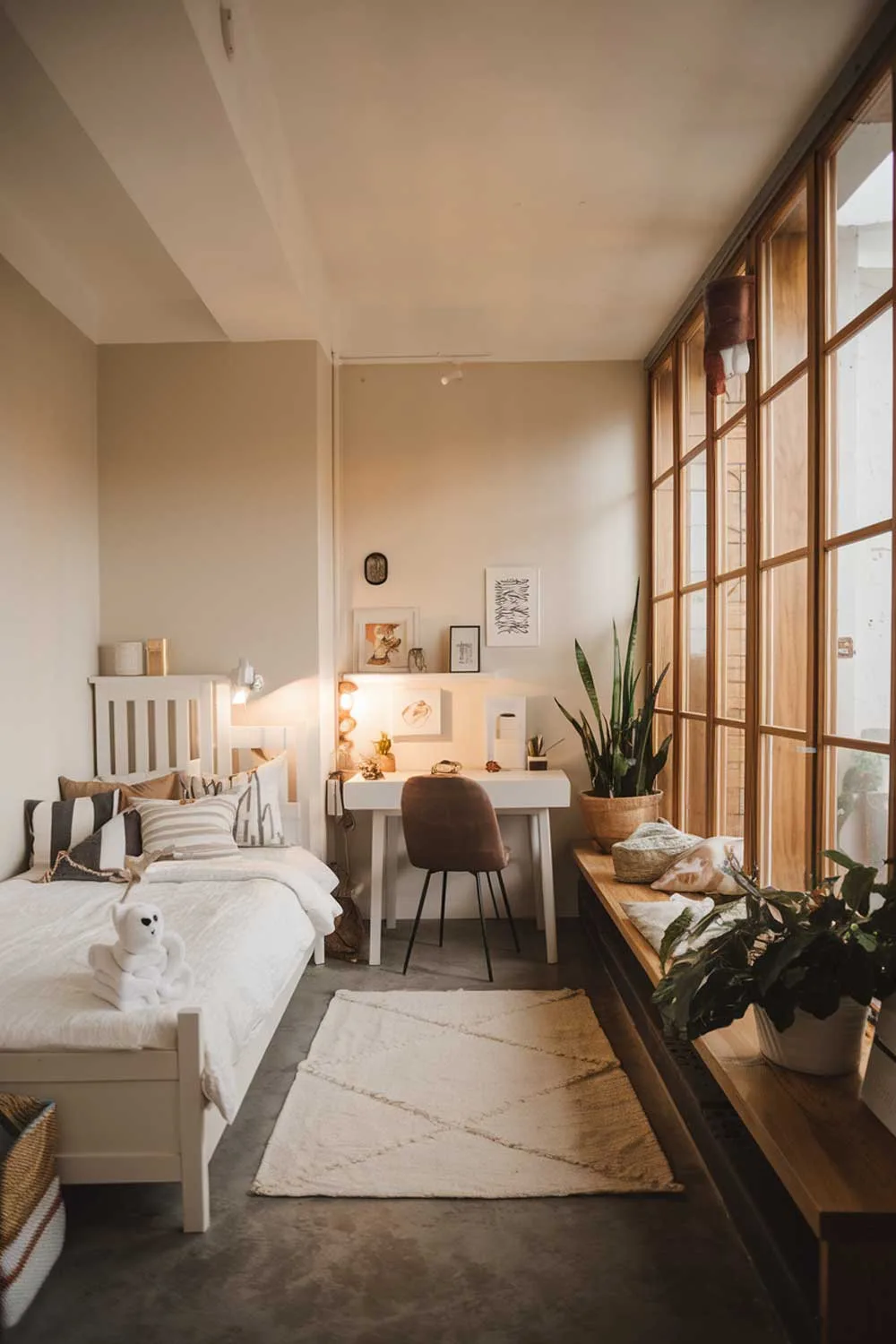 A cozy and beautifully designed minimalist apartment bedroom with a white bed, a small white desk, a chair, and a few personal items. The walls are painted in a light gray hue. The flooring is a dark gray concrete. The room has a large window with wooden elements and a potted plant near the desk. The lighting is warm.