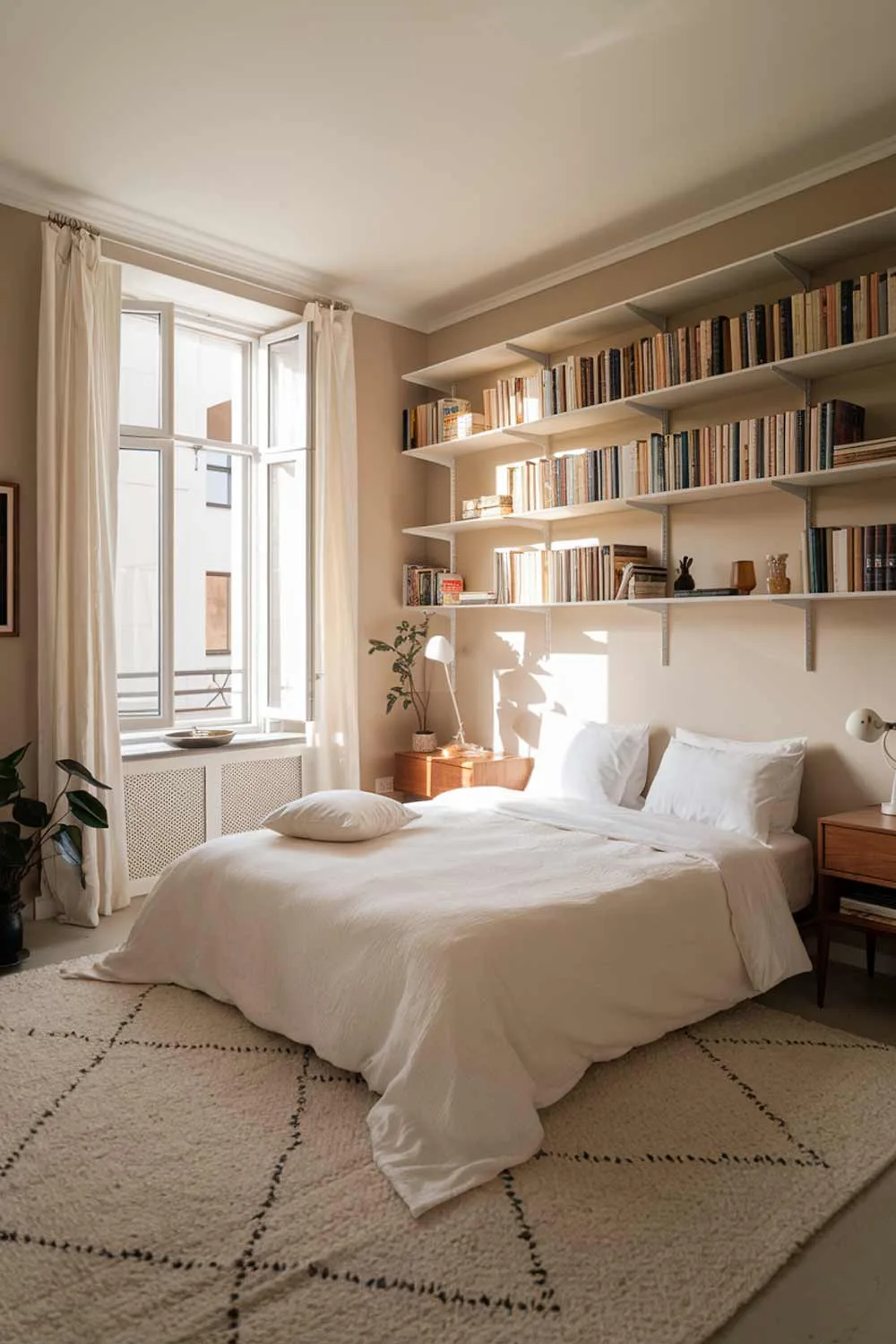 A cozy and beautifully designed minimalist apartment bedroom with a large window letting in natural light. The room has a queen-size bed with a white comforter and two white pillows. There's a wooden nightstand beside the bed with a white lamp. A beige rug covers the floor. The walls are painted beige. The room also has a white bookshelf filled with books. A few items, including a plant and a decorative bowl, add character to the space.