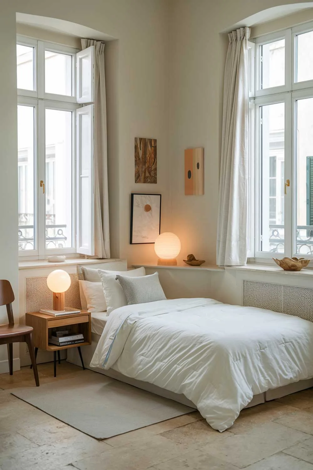  A cozy and beautifully designed minimalist apartment bedroom. The room has a small double bed with a white duvet and a few pillows. There's a wooden nightstand next to the bed with a lamp and a book. The walls have a few pieces of art. The room has large windows with white curtains and a wooden chair. The floor is made of beige tiles.