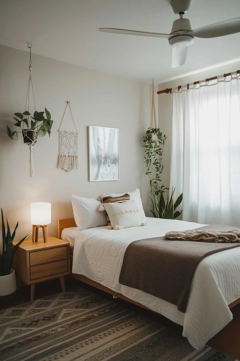 A cozy and beautifully designed minimalist apartment bedroom. The room has a queen-size bed with a white pillow and a brown blanket. There's a wooden nightstand beside the bed with a lamp on top. The room has a gray rug and a white curtain. The wall has a few hanging plants and a few pieces of art. The room has a white ceiling fan. The lighting is soft.