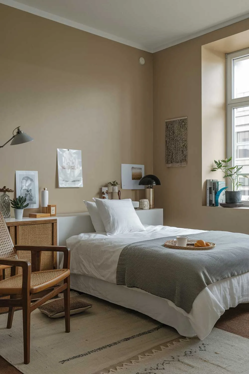 A minimalist apartment bedroom with a cozy atmosphere. The room has a medium shot of a white bed with a gray blanket and a white pillow. There's a wooden chair near the bed. The walls are painted beige. There's a small plant on the windowsill. The room has a few personal items, such as a lamp and a decorative piece. The floor is covered with a beige rug.