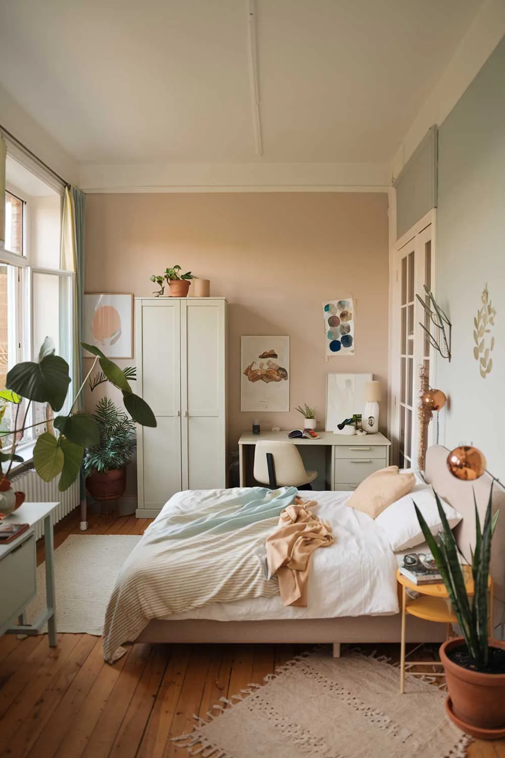  A cozy and beautifully designed minimalist apartment bedroom with a queen-size bed, a small wardrobe, a desk, and a chair. The room has a soft color palette of beige, light blue, and white. There are plants in the room, including a large potted plant near the window. The walls are adorned with a few pieces of artwork. The flooring is hardwood.