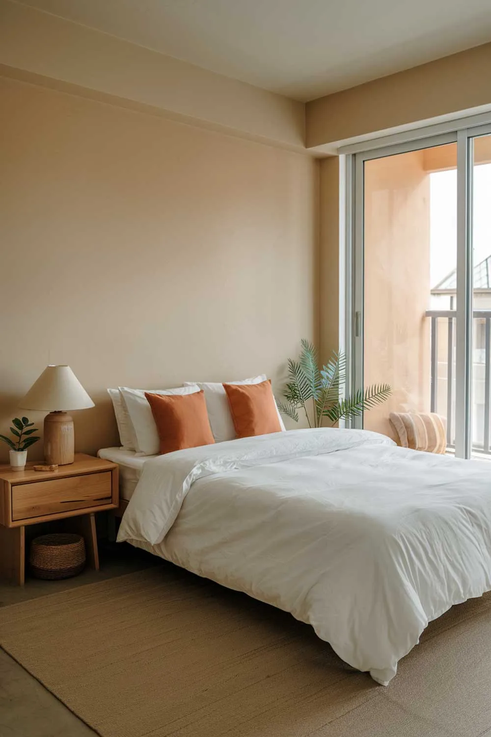 A minimalist apartment bedroom with a cozy ambiance. The room has a small double bed with a white duvet and two orange pillows. There's a wooden nightstand next to the bed with a beige lamp and a small plant. The walls are painted in a soft beige hue. There's a sliding glass door that leads to a balcony. The floor is covered with a beige rug.