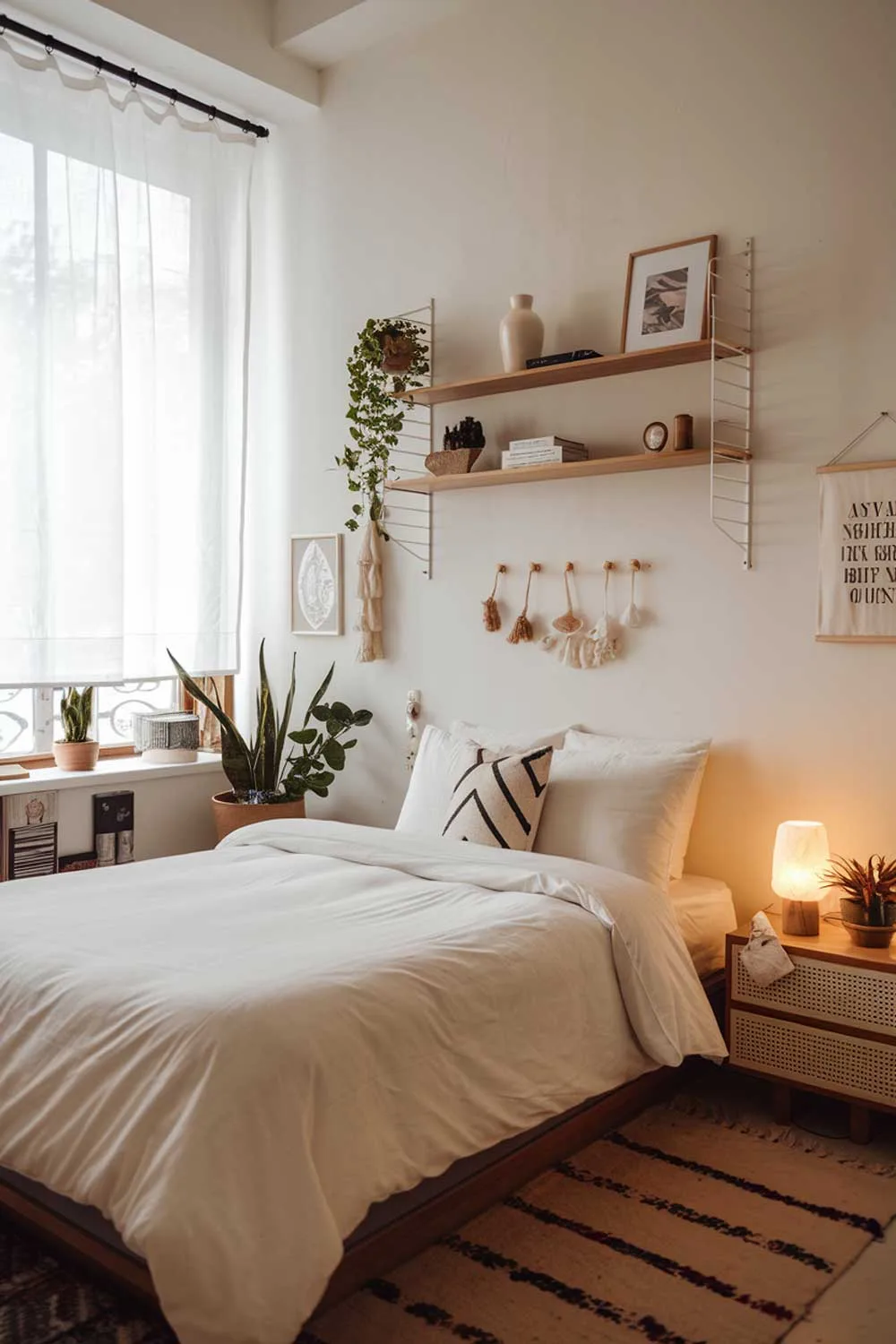 A cozy and beautifully designed minimalist apartment bedroom. There's a queen-size bed with a white duvet and a few pillows. On the wall above the bed, there's a wooden shelf with a few items. The room has a rug and a bedside table with a lamp and a plant. The walls and the shelf have a few items. The room has a large window with a white curtain.