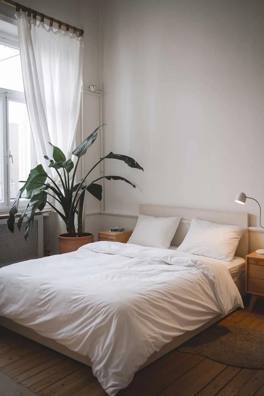 A cozy and beautifully designed minimalist apartment bedroom with a queen-sized bed, a small nightstand on each side, and a reading lamp on the right nightstand. There's a large plant near the window. The room has white walls and a wooden floor. The bed is covered with a white duvet and two matching pillows. There's a white curtain over the window.