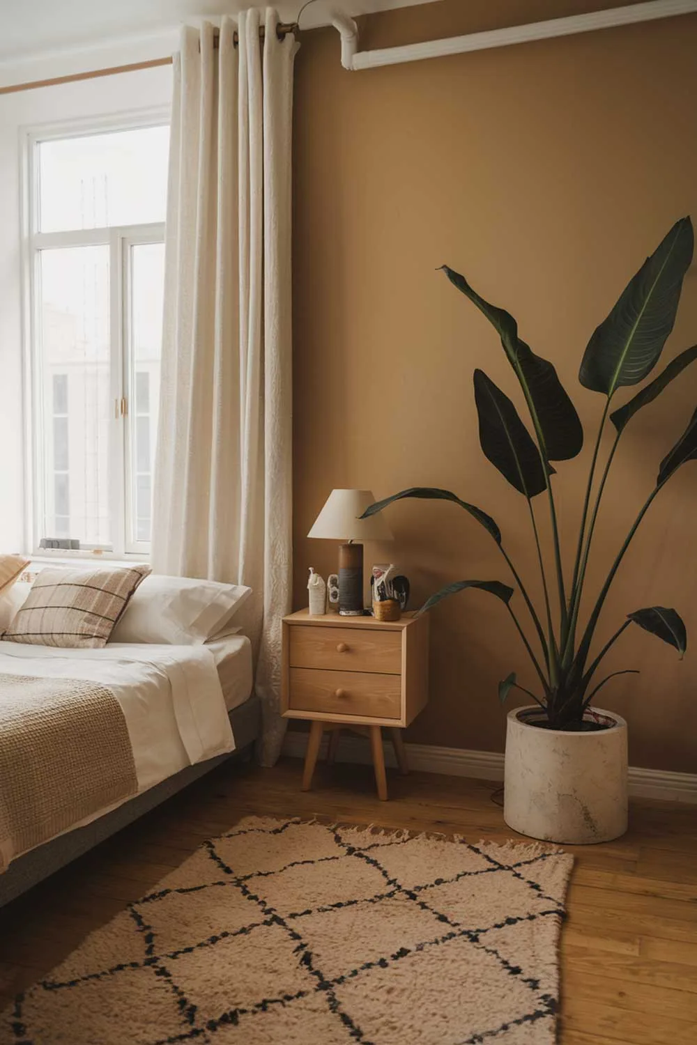 A minimalist apartment bedroom with a cozy atmosphere. The room has a small double bed, a nightstand, and a large potted plant. The walls are painted in a warm beige color. A rug in a geometric pattern is placed on the wooden floor. The nightstand has a lamp and a few decorative items. The room has a large window with white curtains.