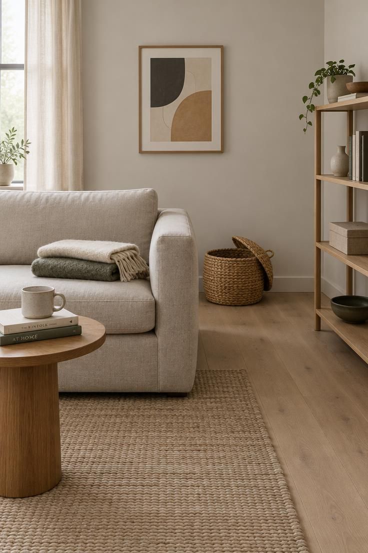 A Minimalist Apartment Checklist for Setting Up Your First Home 1 A small living room showing minimalist decision rules in practice, with a low oatmeal linen sofa holding two folded throws, one round wooden side table with a mug and two books, a partially open woven basket that is not overfilled, a compact shelf with clear space between a few objects, and a single abstract print on the wall.