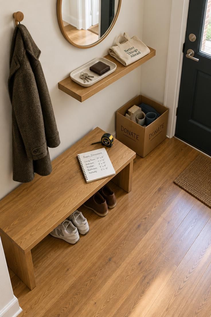 A Minimalist Apartment Checklist for Setting Up Your First Home 2 An overhead view of a small entryway during a first apartment function-first sort, with one coat on a hook, a low bench over two pairs of shoes, a key and wallet tray on a floating shelf, a tape measure and dimension notes on the bench, a donation box by the door, and a round mirror in bright midday light.