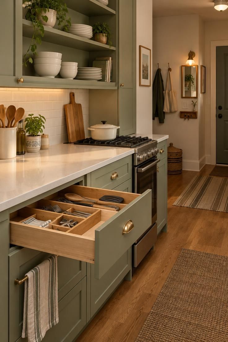 A Minimalist Apartment Checklist for Setting Up Your First Home 3 A compact first apartment kitchen in warm light with clear counters, open shelves of matched white dishes, an open drawer of uncrowded utensils, and a narrow entryway with coat hooks and a key tray visible beyond.
