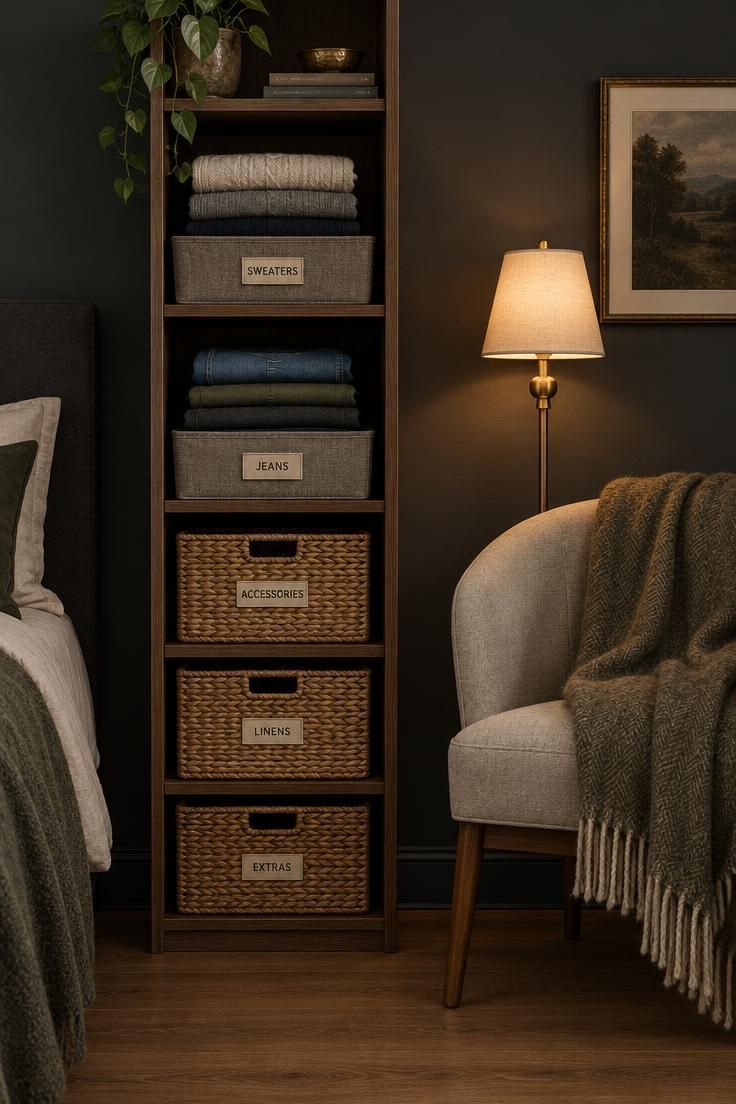 A Minimalist Apartment Checklist for Setting Up Your First Home 4 A close-up of a tall narrow shelving unit in a dim bedroom corner with labeled baskets, folded clothing bins, and a chair with a draped throw.