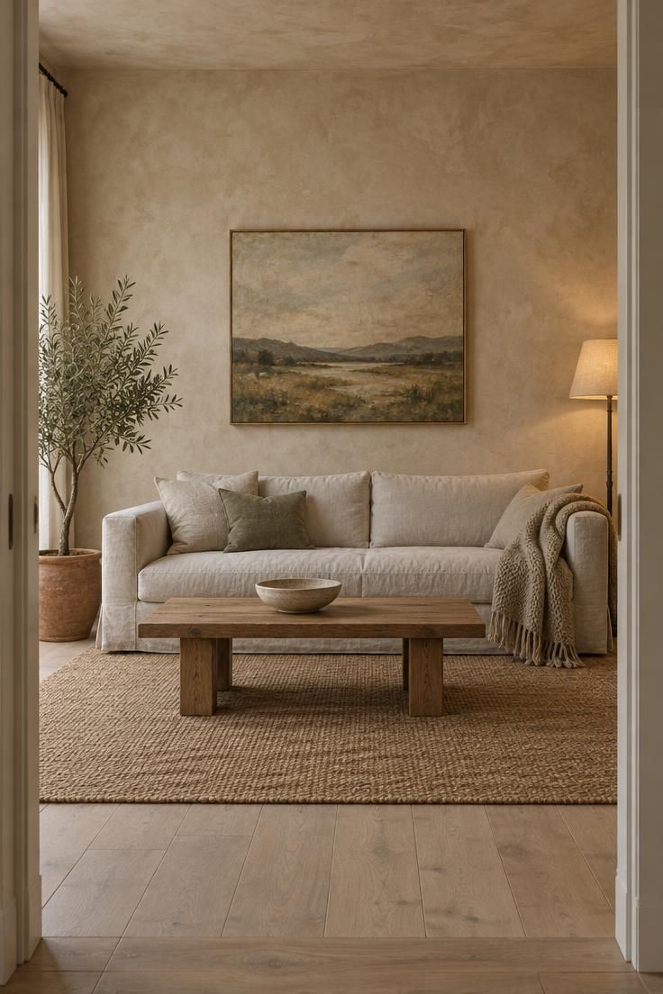 A Minimalist Apartment Checklist for Setting Up Your First Home 5 A living room seen from a doorway with a linen sofa, wool throw, low wooden table with one ceramic bowl, a potted olive tree, and one large earth-toned abstract artwork.