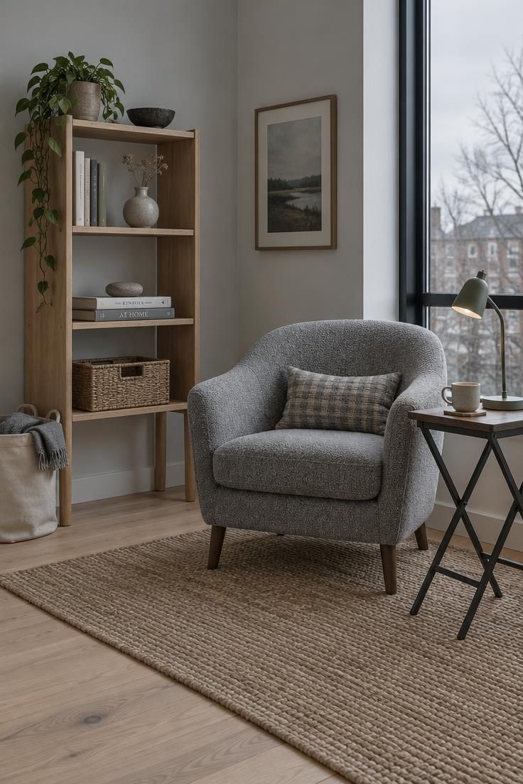 A Minimalist Apartment Checklist for Setting Up Your First Home 6 A corner with a raised-leg bookshelf, a folding side table, a compact grey armchair, and a woven rug, all looking easy to move, in cool overcast light.